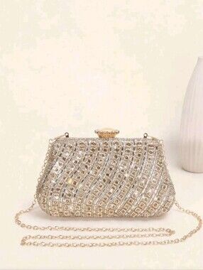 Gold Crystal Embellished Evening Clutch